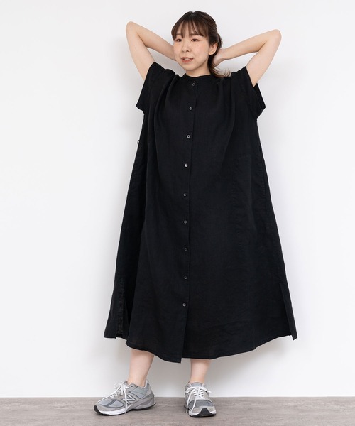 PAR ICI（パーリッシィ）の「60リネン製品染め ワークフレアワンピース（シャツワンピース・レディース・ホワイト/グリーン/ブラック/サックスブルー・FREE）」の16枚目の写真