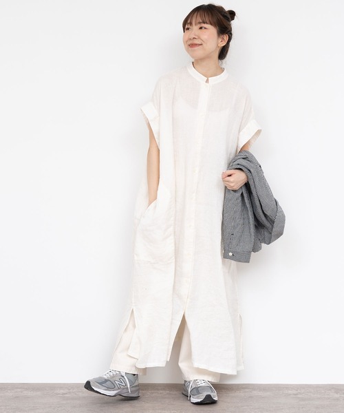 PAR ICI（パーリッシィ）の「60リネン製品染め ワークフレアワンピース（シャツワンピース・レディース・ホワイト/グリーン/ブラック/サックスブルー・FREE）」の21枚目の写真