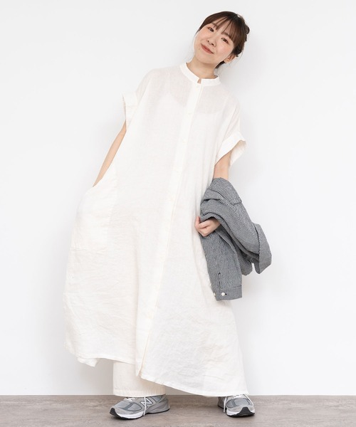 PAR ICI（パーリッシィ）の「60リネン製品染め ワークフレアワンピース（シャツワンピース・レディース・ホワイト/グリーン/ブラック/サックスブルー・FREE）」の22枚目の写真