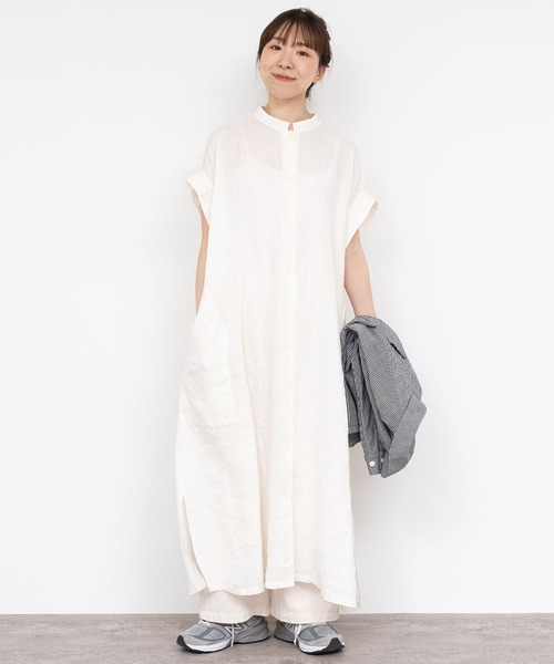 PAR ICI（パーリッシィ）の「60リネン製品染め ワークフレアワンピース（シャツワンピース・レディース・ホワイト/グリーン/ブラック/サックスブルー・FREE）」の20枚目の写真