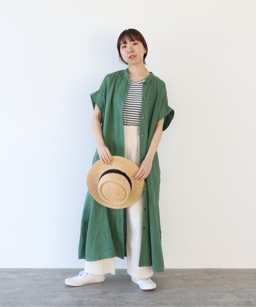 PAR ICI（パーリッシィ）の「60リネン製品染め ワークフレアワンピース（シャツワンピース・レディース・ホワイト/グリーン/ブラック/サックスブルー・FREE）」の9枚目の写真