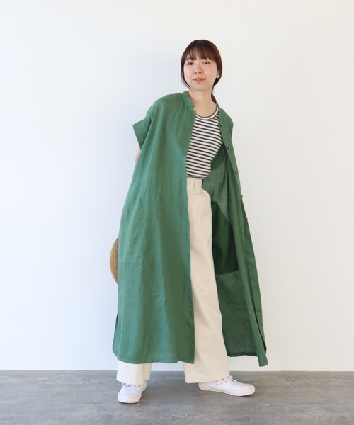 PAR ICI（パーリッシィ）の「60リネン製品染め ワークフレアワンピース（シャツワンピース・レディース・ホワイト/グリーン/ブラック/サックスブルー・FREE）」の10枚目の写真