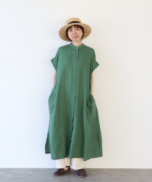 PAR ICI（パーリッシィ）の「60リネン製品染め ワークフレアワンピース（シャツワンピース・レディース・ホワイト/グリーン/ブラック/サックスブルー・FREE）」の5枚目の写真