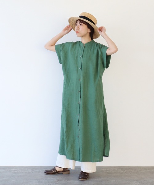 PAR ICI（パーリッシィ）の「60リネン製品染め ワークフレアワンピース（シャツワンピース・レディース・ホワイト/グリーン/ブラック/サックスブルー・FREE）」の6枚目の写真
