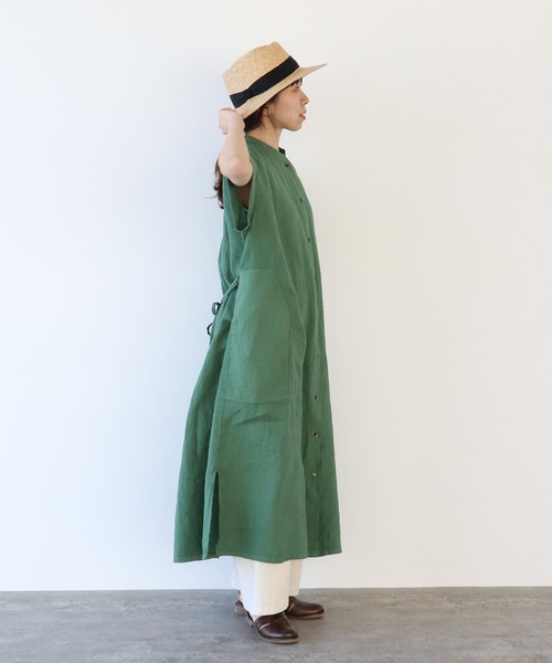 PAR ICI（パーリッシィ）の「60リネン製品染め ワークフレアワンピース（シャツワンピース・レディース・ホワイト/グリーン/ブラック/サックスブルー・FREE）」の7枚目の写真