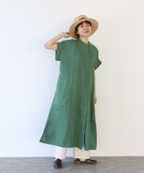 PAR ICI（パーリッシィ）の「60リネン製品染め ワークフレアワンピース（シャツワンピース・レディース・ホワイト/グリーン/ブラック/サックスブルー・FREE）」の8枚目の写真