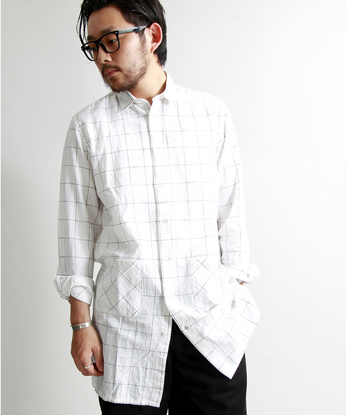 WEGO（ウィゴー）の「WEGO/リネンミックスパターンロングシャツ（シャツ/ブラウス・メンズ・ホワイト/ホワイト系その他/ネイビー/グレー系その他・MEDIUM/LARGE）」の3枚目の写真