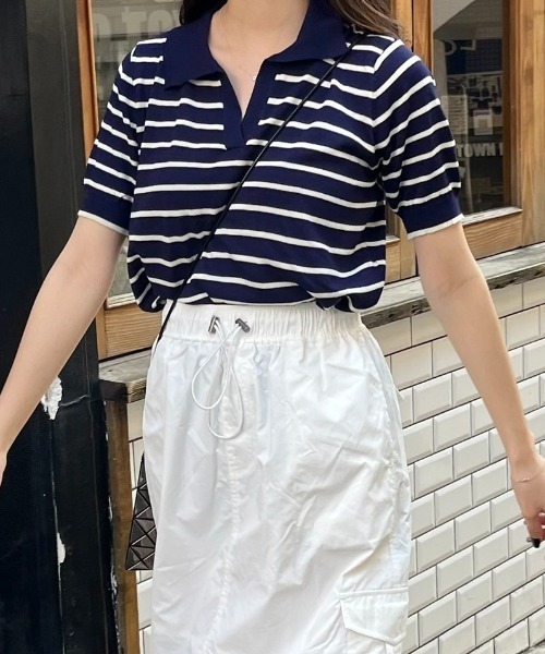 nemne store(ネンネストア)の「《Delfy》スキッパーボーダーサマーニットT(ポロシャツ・レディース・ネイビー/アイボリー・フリー)」の1枚目の写真