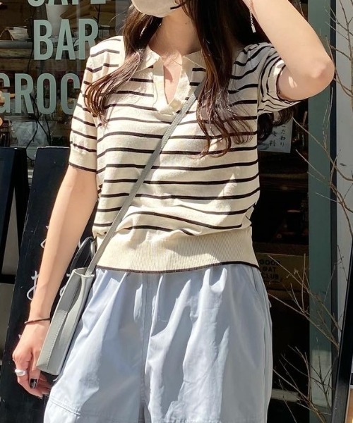 nemne store(ネンネストア)の「《Delfy》スキッパーボーダーサマーニットT(ポロシャツ・レディース・ネイビー/アイボリー・フリー)」の2枚目の写真