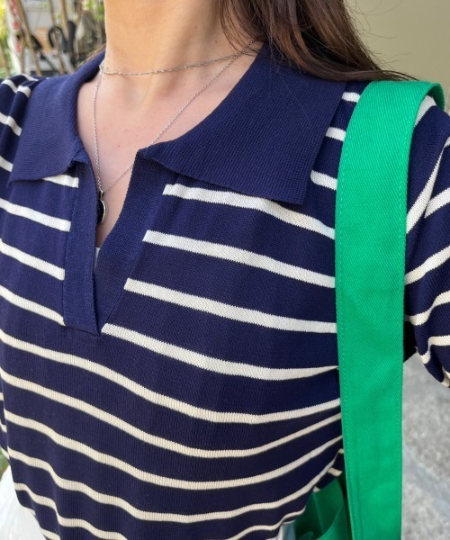 nemne store(ネンネストア)の「《Delfy》スキッパーボーダーサマーニットT(ポロシャツ・レディース・ネイビー/アイボリー・フリー)」の14枚目の写真