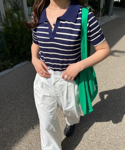 nemne store(ネンネストア)の「《Delfy》スキッパーボーダーサマーニットT(ポロシャツ・レディース・ネイビー/アイボリー・フリー)」の12枚目の写真