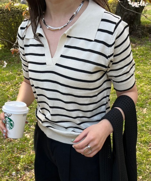 nemne store(ネンネストア)の「《Delfy》スキッパーボーダーサマーニットT(ポロシャツ・レディース・ネイビー/アイボリー・フリー)」の7枚目の写真