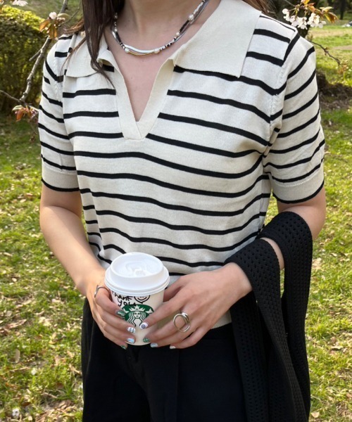 nemne store(ネンネストア)の「《Delfy》スキッパーボーダーサマーニットT(ポロシャツ・レディース・ネイビー/アイボリー・フリー)」の8枚目の写真