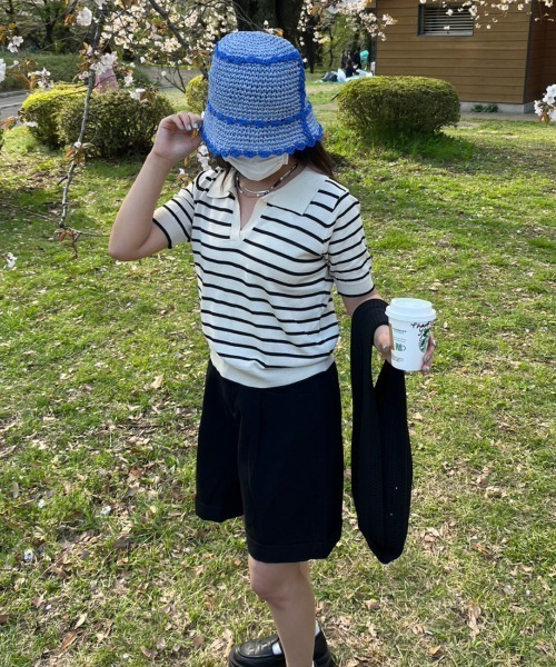 nemne store(ネンネストア)の「《Delfy》スキッパーボーダーサマーニットT(ポロシャツ・レディース・ネイビー/アイボリー・フリー)」の9枚目の写真