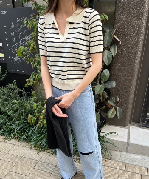nemne store(ネンネストア)の「《Delfy》スキッパーボーダーサマーニットT(ポロシャツ・レディース・ネイビー/アイボリー・フリー)」の4枚目の写真