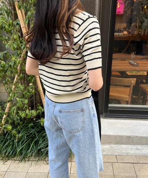 nemne store(ネンネストア)の「《Delfy》スキッパーボーダーサマーニットT(ポロシャツ・レディース・ネイビー/アイボリー・フリー)」の5枚目の写真