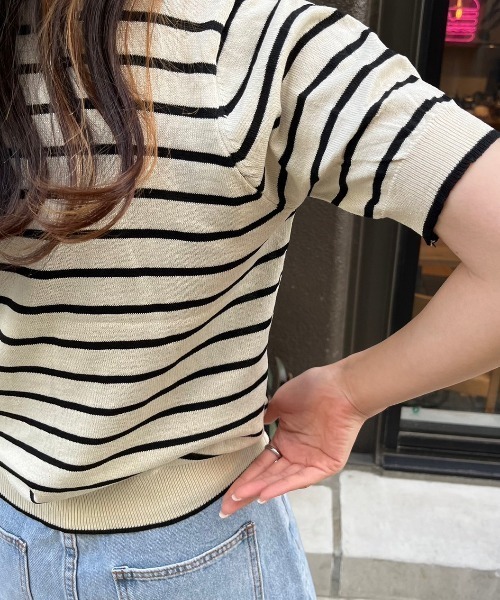 nemne store(ネンネストア)の「《Delfy》スキッパーボーダーサマーニットT(ポロシャツ・レディース・ネイビー/アイボリー・フリー)」の6枚目の写真