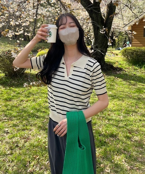 nemne store(ネンネストア)の「《Delfy》スキッパーボーダーサマーニットT(ポロシャツ・レディース・ネイビー/アイボリー・フリー)」の18枚目の写真