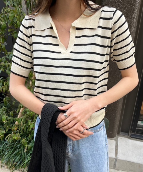 nemne store(ネンネストア)の「《Delfy》スキッパーボーダーサマーニットT(ポロシャツ・レディース・ネイビー/アイボリー・フリー)」の20枚目の写真