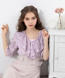 ラベンダー花柄刺繍ボタンアップシャツ ラベンダー花柄刺繍ボタン