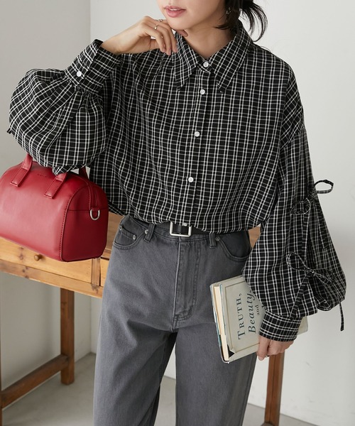 PATOU ブラック ボリュームスリーブ トップスリボン セール】袖リボンボリュームスリーブオーバーシャツ（シャツ/ブラウス