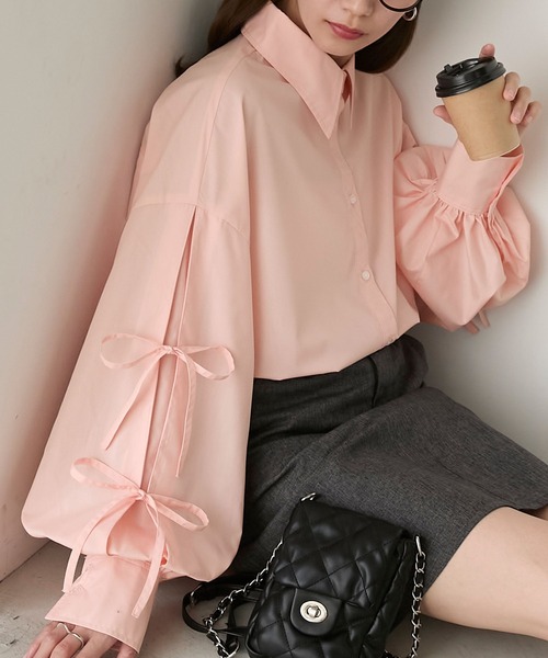 laubeblanc バルーン袖 ピンクシャツ リボン付き 前後2way]バルーン袖リボンブラウス トップス Futier