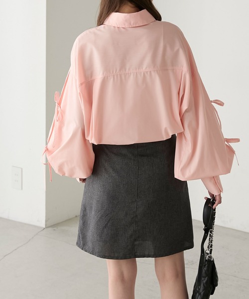 laubeblanc バルーン袖 ピンクシャツ リボン付き 前後2way]バルーン袖リボンブラウス トップス Futier