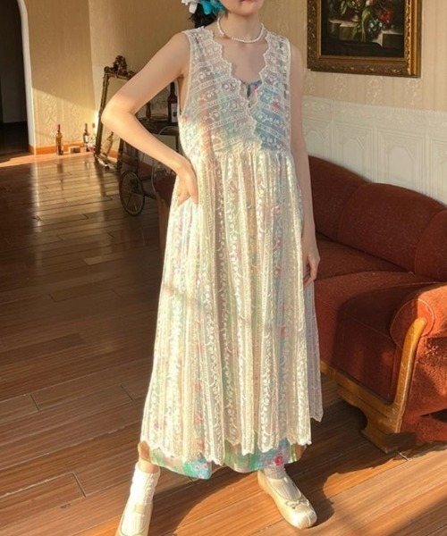Achic(アシック)の「透明感 かわいい総レーススモック ノースリーブ ボヘミアン風(ワンピース・レディース・アイボリー・M)」の12枚目の写真