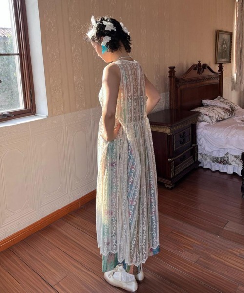 Achic(アシック)の「透明感 かわいい総レーススモック ノースリーブ ボヘミアン風(ワンピース・レディース・アイボリー・M)」の15枚目の写真