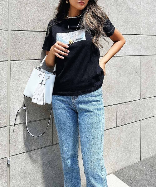 esutoreja（エストレジャ）の「シルバープリントTシャツ（Tシャツ/カットソー・レディース・ホワイト/ブラック・FREE）」の5枚目の写真