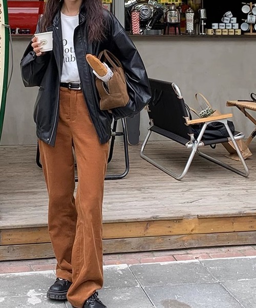 LYEON（リヨン）の「ビッグシルエットフェイクレザージャケット/ルーズブルゾン（ブルゾン・レディース・ブラウン/ブラック・FREE）」の4枚目の写真