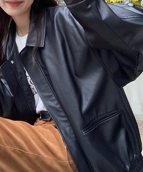 LYEON（リヨン）の「ビッグシルエットフェイクレザージャケット/ルーズブルゾン（ブルゾン・レディース・ブラウン/ブラック・FREE）」の8枚目の写真