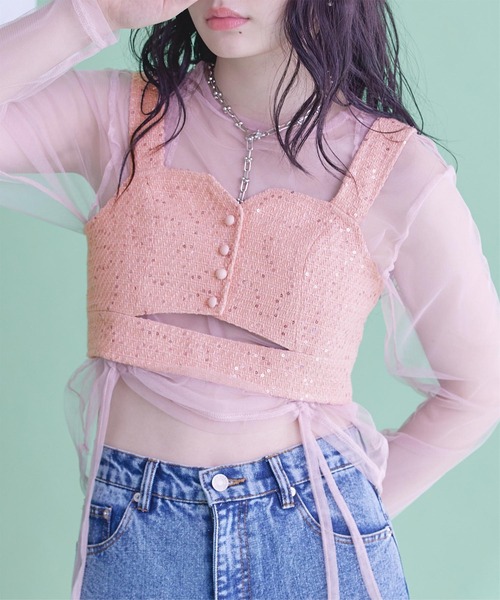 miette(ミエット)の「フロントカットスパンコールツイードビスチェ(キャミソール・レディース・ピンク/ブラック/ライトブルー・FREE)」の3枚目の写真