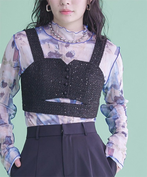 miette(ミエット)の「フロントカットスパンコールツイードビスチェ(キャミソール・レディース・ピンク/ブラック/ライトブルー・FREE)」の2枚目の写真