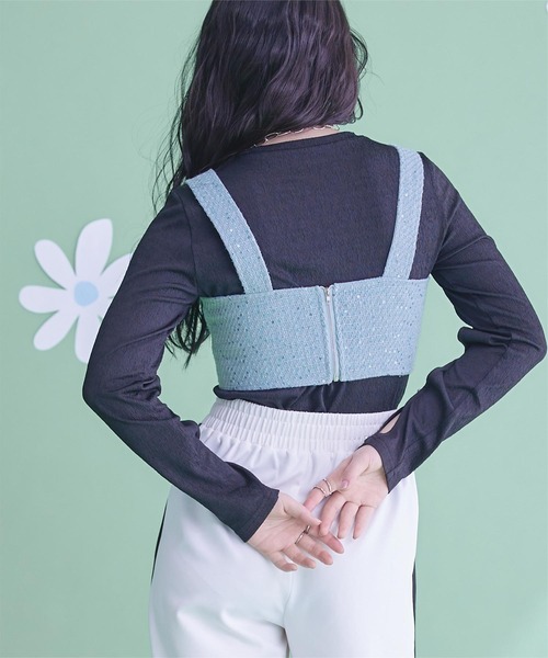 miette(ミエット)の「フロントカットスパンコールツイードビスチェ(キャミソール・レディース・ピンク/ブラック/ライトブルー・FREE)」の7枚目の写真