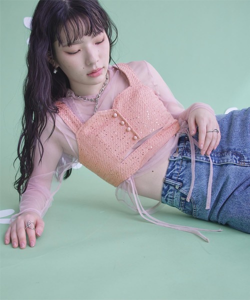 miette(ミエット)の「フロントカットスパンコールツイードビスチェ(キャミソール・レディース・ピンク/ブラック/ライトブルー・FREE)」の9枚目の写真