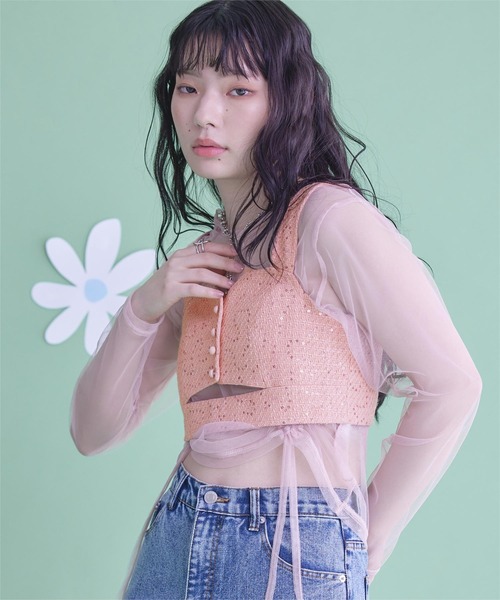 miette(ミエット)の「フロントカットスパンコールツイードビスチェ(キャミソール・レディース・ピンク/ブラック/ライトブルー・FREE)」の11枚目の写真