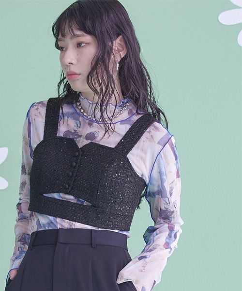 miette(ミエット)の「フロントカットスパンコールツイードビスチェ(キャミソール・レディース・ピンク/ブラック/ライトブルー・FREE)」の5枚目の写真