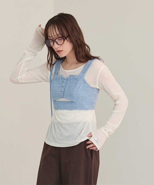 miette(ミエット)の「フロントカットスパンコールツイードビスチェ(キャミソール・レディース・ピンク/ブラック/ライトブルー・FREE)」の15枚目の写真