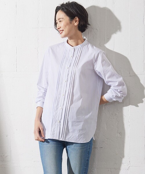 J.PRESS Ladies(J.プレス レディス)の「【洗える】BEZ VEGA ストライプ ピンタック ブラウス(シャツ/ブラウス・レディース・スカイブルー系1/ふじ色系1/ホワイト系1・XS)」の2枚目の写真