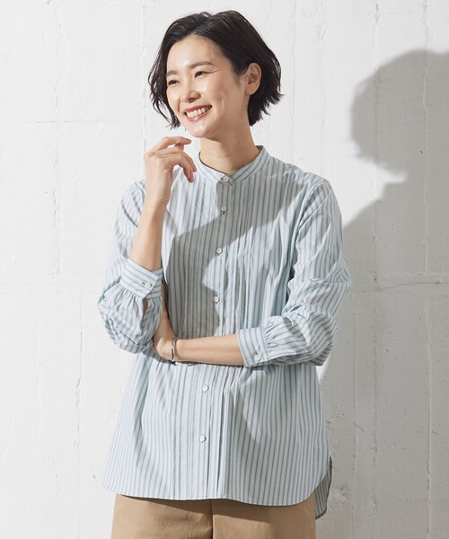 J.PRESS Ladies(J.プレス レディス)の「【洗える】BEZ VEGA ストライプ ピンタック ブラウス(シャツ/ブラウス・レディース・スカイブルー系1/ふじ色系1/ホワイト系1・XS)」の1枚目の写真