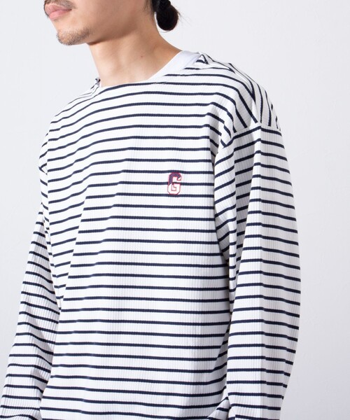GLOSTER（グロスター）の「【GLOSTER/グロスター】リブボーダーロンT ワンポイント刺繍 ボートネック（Tシャツ/カットソー・メンズ・ブラック/ネイビー/グリーン・S/M/L）」の3枚目の写真