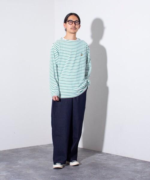 GLOSTER（グロスター）の「【GLOSTER/グロスター】リブボーダーロンT ワンポイント刺繍 ボートネック（Tシャツ/カットソー・メンズ・ブラック/ネイビー/グリーン・S/M/L）」の14枚目の写真