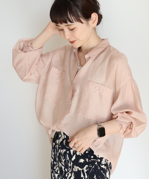 AMERICAN HOLIC（アメリカンホリック）の「シアーCOOLWポケットシャツ（シャツ/ブラウス・レディース・サックスブルー/ライトベージュ/ライトピンク/サックスブルー系3/ストライプ・L/M）」の5枚目の写真