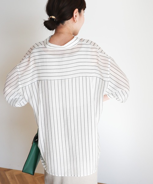 AMERICAN HOLIC（アメリカンホリック）の「シアーCOOLWポケットシャツ（シャツ/ブラウス・レディース・サックスブルー/ライトベージュ/ライトピンク/サックスブルー系3/ストライプ・L/M）」の21枚目の写真