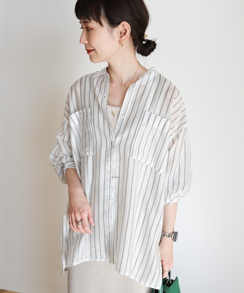 AMERICAN HOLIC（アメリカンホリック）の「シアーCOOLWポケットシャツ（シャツ/ブラウス・レディース・サックスブルー/ライトベージュ/ライトピンク/サックスブルー系3/ストライプ・L/M）」の20枚目の写真