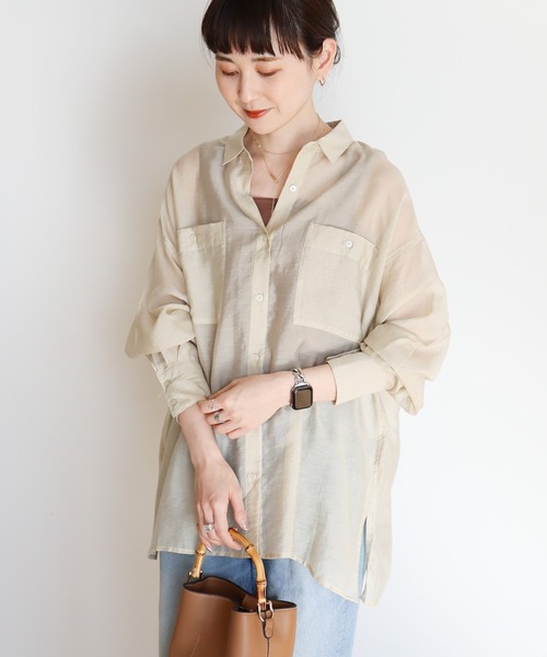 AMERICAN HOLIC（アメリカンホリック）の「シアーCOOLWポケットシャツ（シャツ/ブラウス・レディース・サックスブルー/ライトベージュ/ライトピンク/サックスブルー系3/ストライプ・L/M）」の17枚目の写真