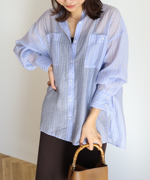 AMERICAN HOLIC（アメリカンホリック）の「シアーCOOLWポケットシャツ（シャツ/ブラウス・レディース・サックスブルー/ライトベージュ/ライトピンク/サックスブルー系3/ストライプ・L/M）」の12枚目の写真