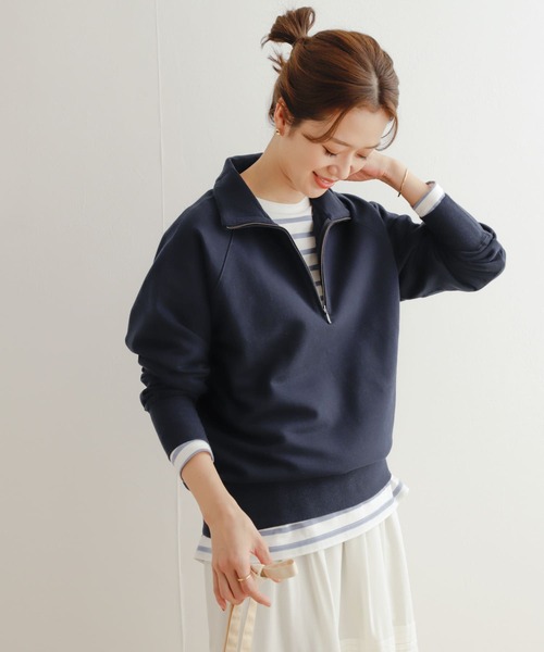 URBAN RESEARCH DOORS(アーバンリサーチドアーズ)の「コットンインレイハーフZIPプルオーバー(Tシャツ/カットソー・レディース・ネイビー/ライトベージュ・MEDIUM)」の7枚目の写真