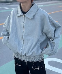 XU | ストリートファッション XU エックスユー fringe pigment zip up jacket オーバーサイズ シンプルジャケット ギャザー 長袖トップス 長袖ジャケット ダメージカラー 羽織り 韓国ファッション 韓国ストリート(ブルゾン)